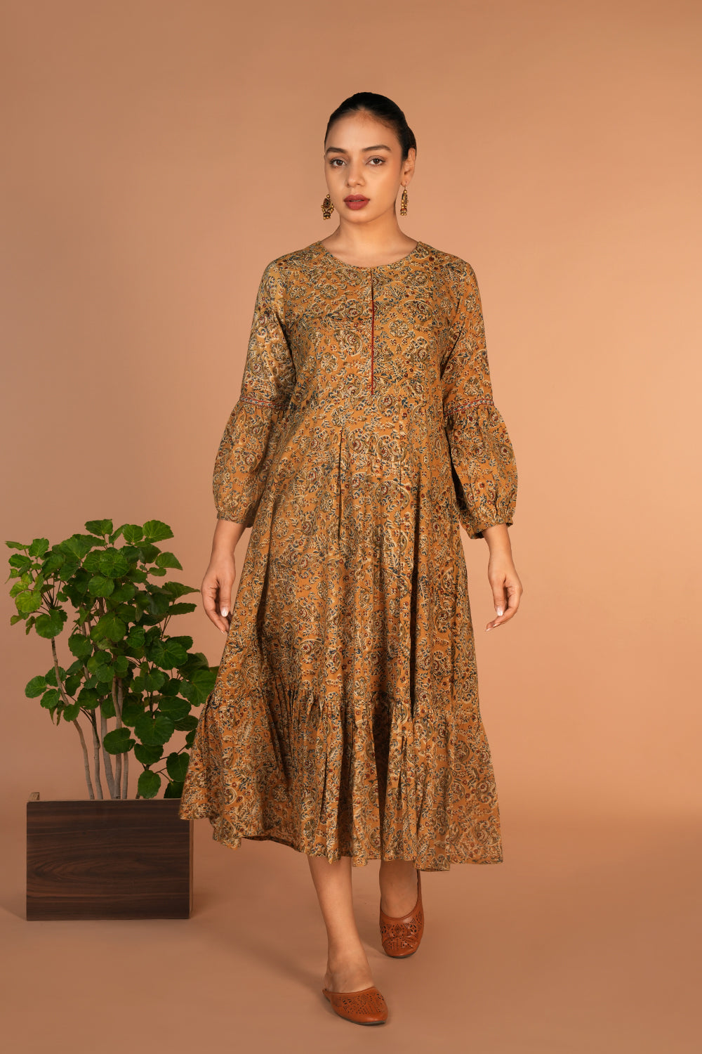 Image of Ochre yellow Kalamkari handblock printed dress
